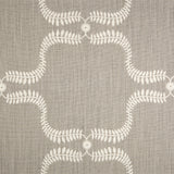 Detail of fabric in a leafy lattice print in cream on a light brown field.