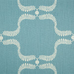 Detail of fabric in a leafy lattice print in cream on a blue field.