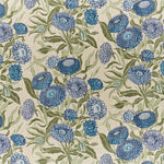 Printed linen in a hand drawn daisy design in shades of blue with green leaves on a pale cream field.