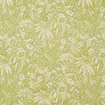 Patterned fabric with green leaves and flowers on a light green background