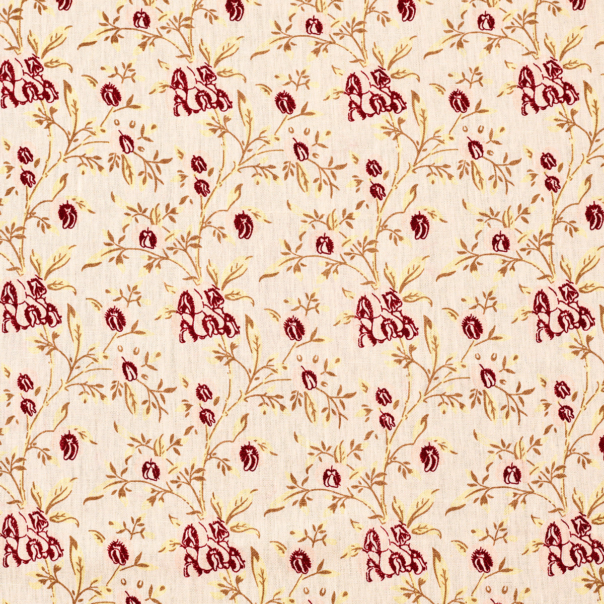 Floral pattern with red flowers and tan leaves on a beige background