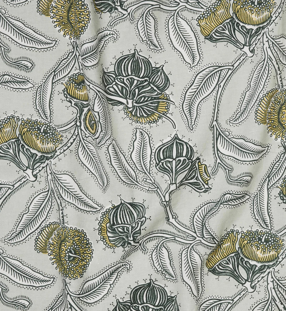 Draped fabric in a painterly floral print in gray, white and yellow on a light gray field.