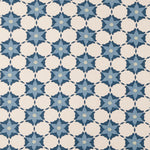 Woven fabric in a floral lattice print in blue and navy on a cream field.