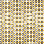Fabric in a geometric grid print in shades of yellow and brown on a cream field.