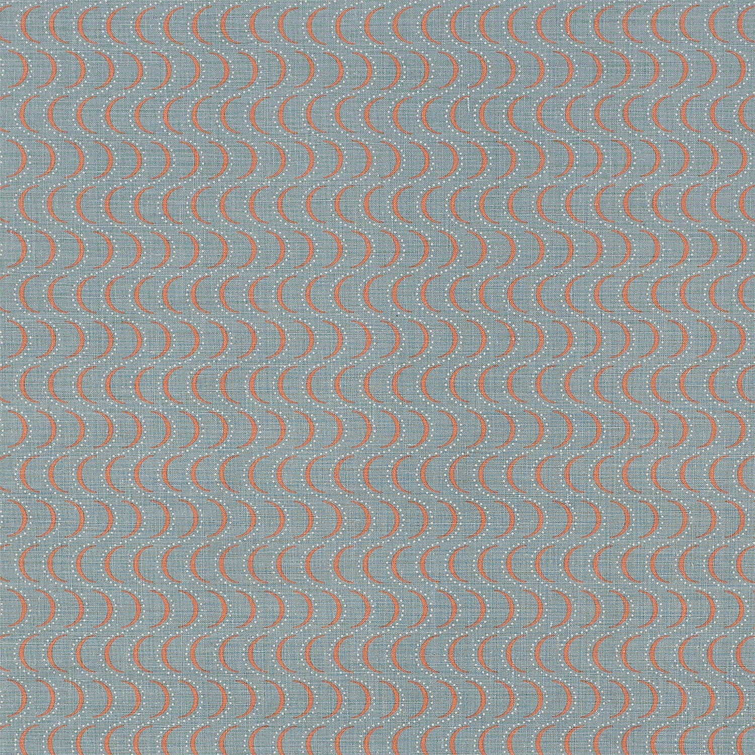 Fabric in an undulating stripe pattern in coral and white on a blue field.