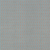 Fabric in an undulating stripe pattern in coral and white on a blue field.