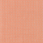 Fabric in an undulating stripe pattern in light blue and white on a coral field.