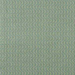 Fabric in an undulating stripe pattern in light green and white on a green field.