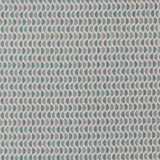 Fabric in a linear geometric print in shades of blue and red on a light gray field.