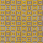 Fabric in a geometric grid print in mustard, gray and brown.