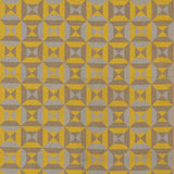 Fabric in a geometric grid print in mustard, gray and brown.