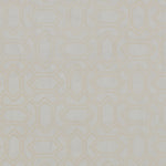Fabric with an embroidered geometric grid print in cream on a light gray field.