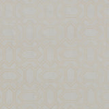 Fabric with an embroidered geometric grid print in cream on a light gray field.