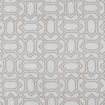 Fabric with an embroidered geometric grid print in brown on a light gray field.