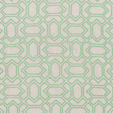 Fabric with an embroidered geometric grid print in light green on a light gray field.