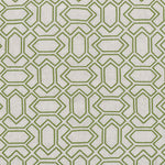 Fabric with an embroidered geometric grid print in olive on a light gray field.