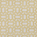 Fabric with an embroidered geometric grid print in mustard on a light gray field.