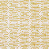 Fabric with a playful embroidered geometric spiral print in mustard on a white field.
