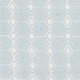 Fabric with a playful embroidered geometric grid print in light blue on a white field.