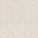 Fabric with an embroidered undulating stripe pattern in shades of yellow, red and blue on a cream field.