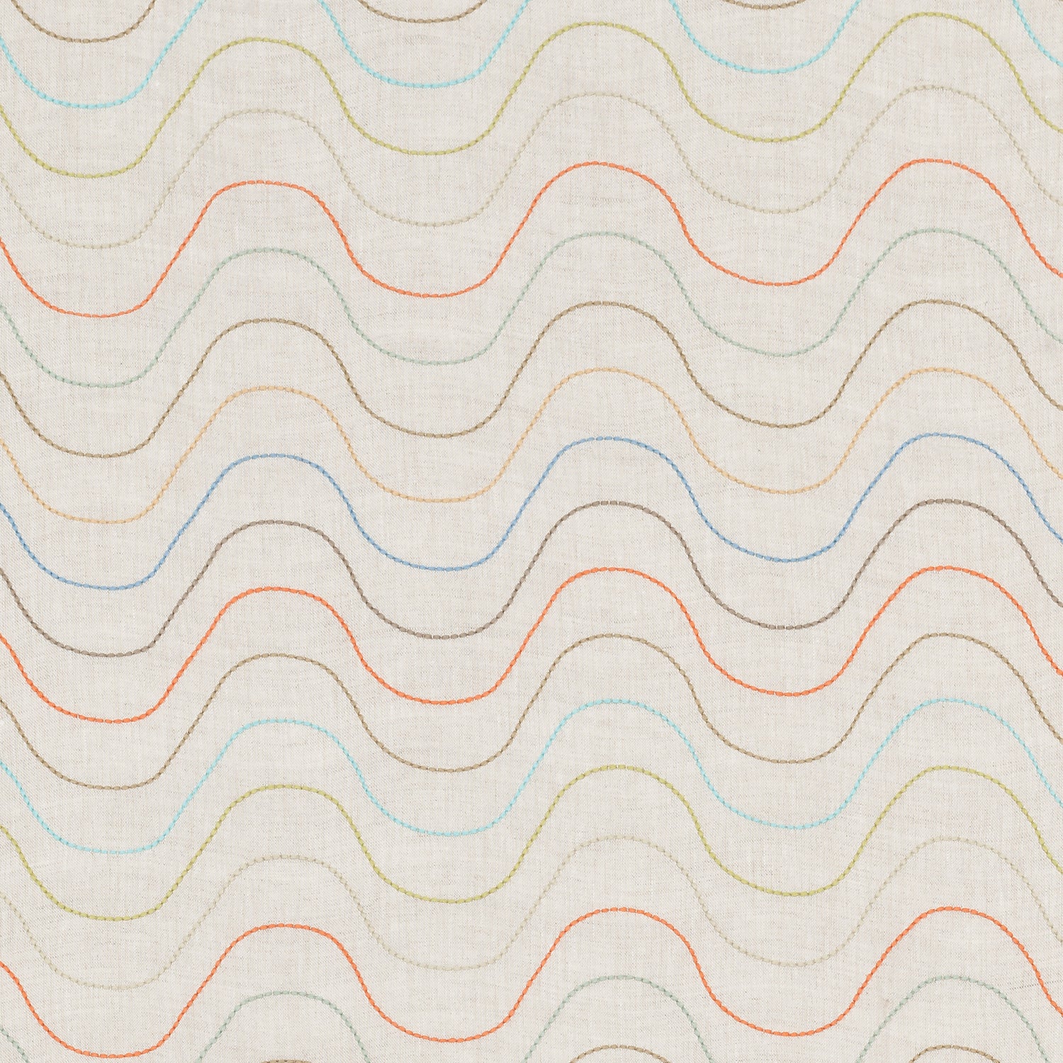 Fabric with an embroidered undulating stripe pattern in shades of yellow, red and blue on a cream field.