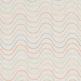Fabric with an embroidered undulating stripe pattern in shades of yellow, red and blue on a cream field.