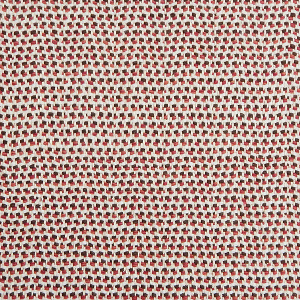 A handwoven rug with a herringbone weave in white with striated yarns of brown and red.