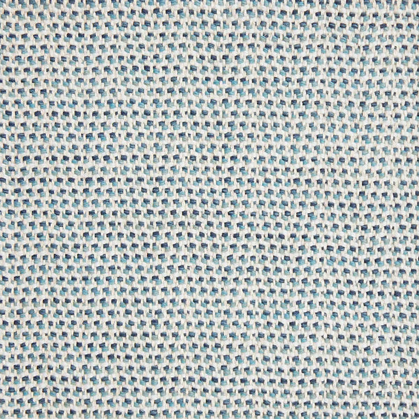 A handwoven rug with a herringbone weave in white with striated yarns of turquoise and blue.
