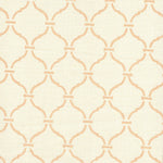 Detail of fabric in a curvilinear lattice print in pink on a cream field.