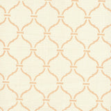 Detail of fabric in a curvilinear lattice print in pink on a cream field.