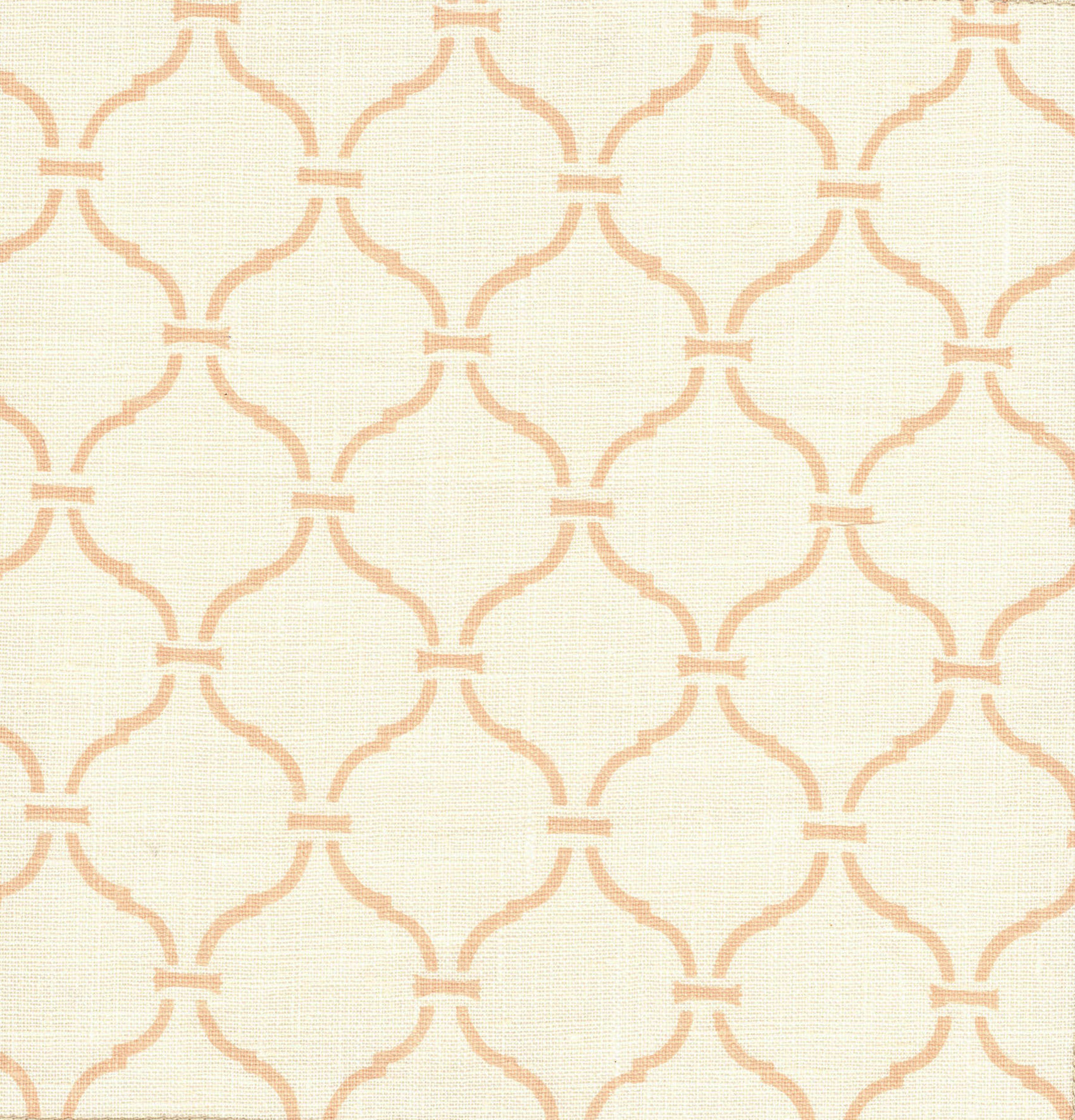 Detail of fabric in a curvilinear lattice print in pink on a cream field.