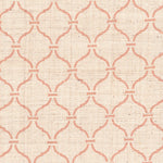 Detail of fabric in a curvilinear lattice print in pink on a cream field.