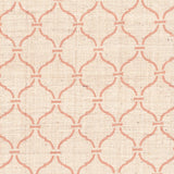 Detail of fabric in a curvilinear lattice print in pink on a cream field.