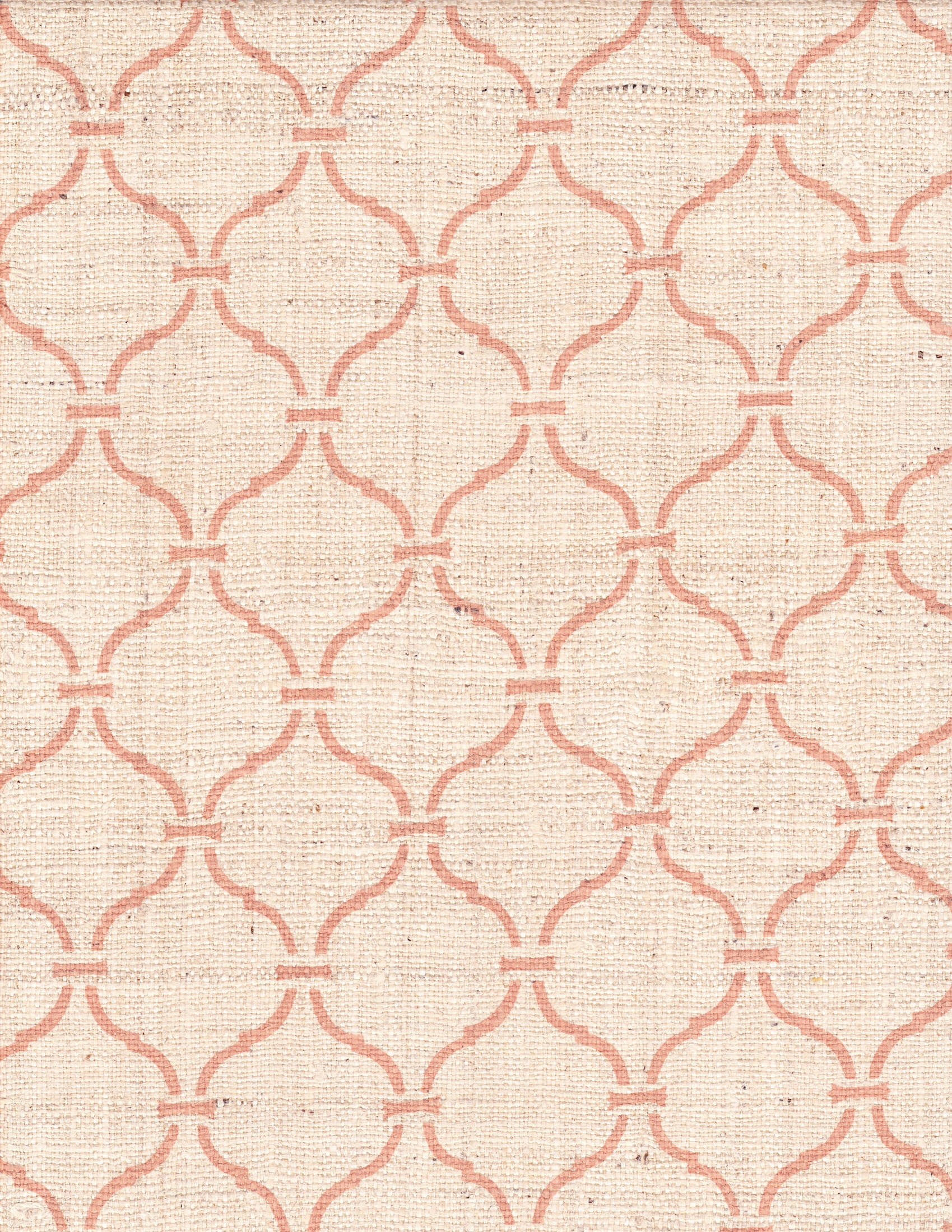 Detail of fabric in a curvilinear lattice print in pink on a cream field.