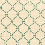 Detail of fabric in a curvilinear lattice print in green on a cream field.