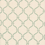 Detail of fabric in a curvilinear lattice print in turquoise on a cream field.