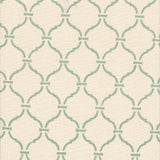 Detail of fabric in a curvilinear lattice print in turquoise on a cream field.