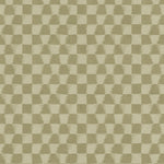 Detail of printed wallpaper in a watercolor ikat-inspired checkerboard pattern in tonal shades of muted olive green.