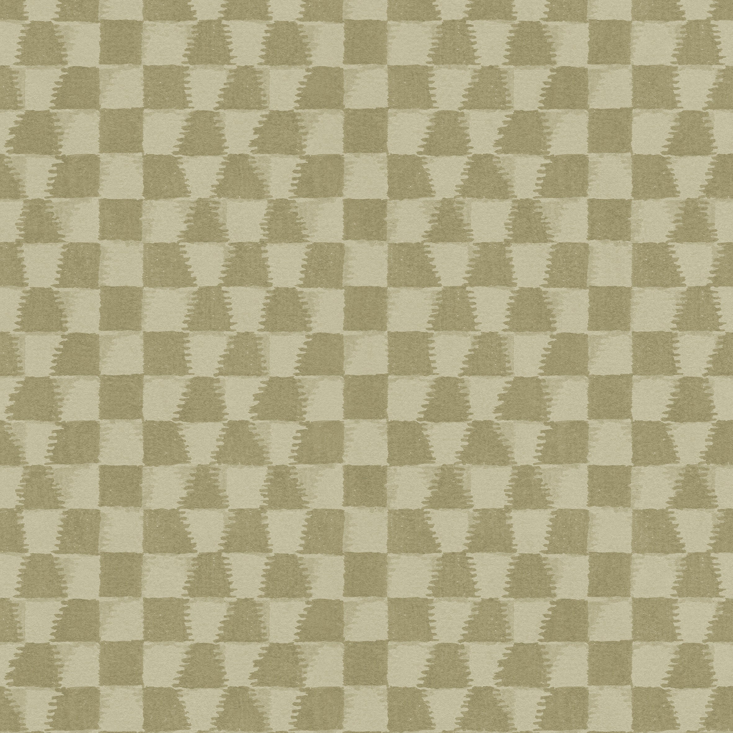 Detail of printed wallpaper in a watercolor ikat-inspired checkerboard pattern in tonal shades of muted olive green.