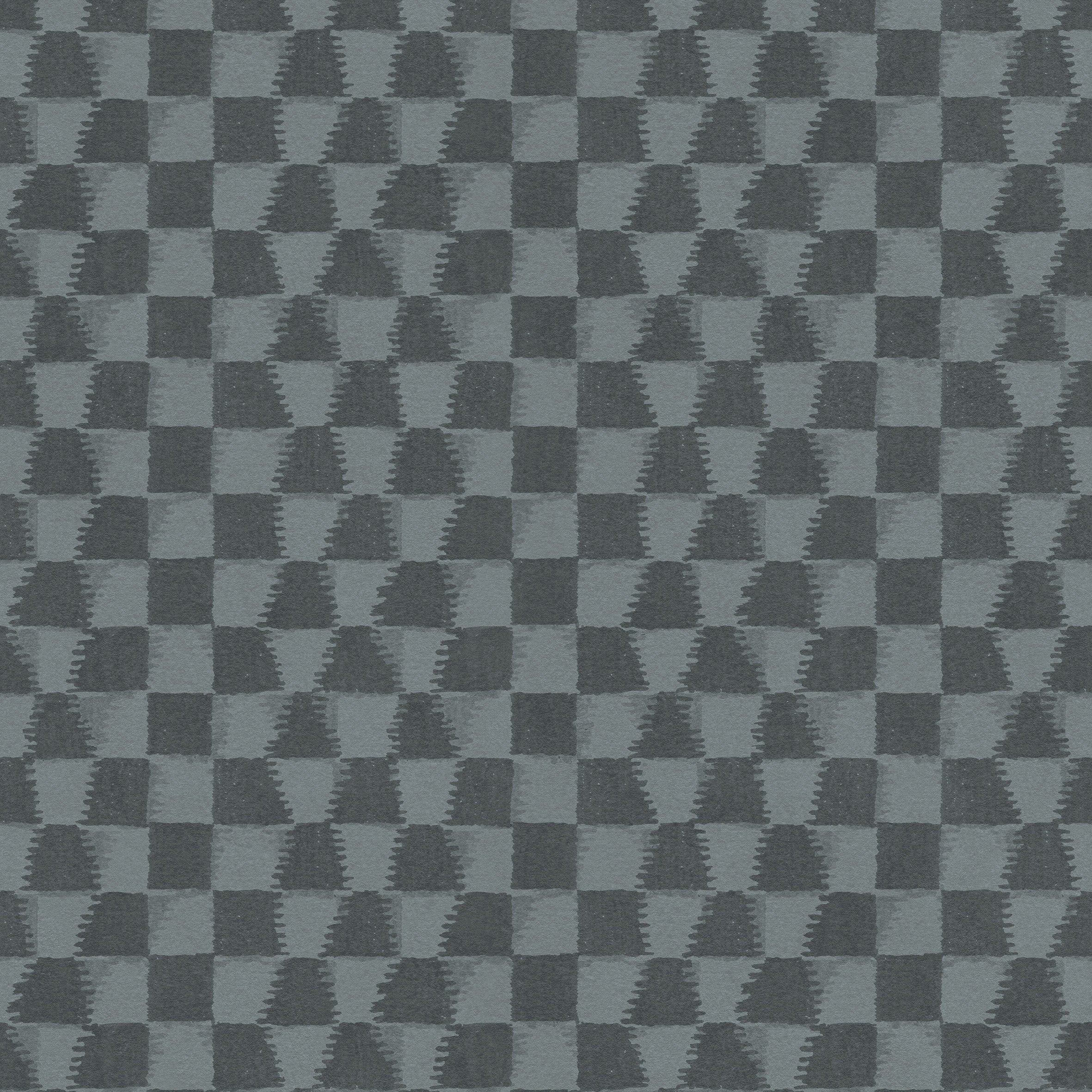 Detail of printed wallpaper in a watercolor ikat-inspired checkerboard pattern in tonal shades of charcoal-blue.