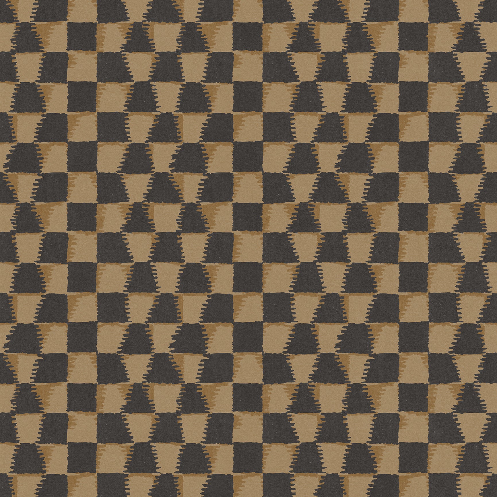 Detail of printed fabric in a watercolor ikat-inspired checkerboard pattern in muted black and warm tan.