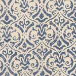 Detail of fabric in a botanical damask print in navy on a cream field.
