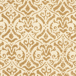 Detail of fabric in a botanical damask print in light brown on a cream field.