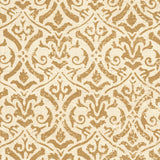 Detail of fabric in a botanical damask print in light brown on a cream field.
