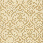 Detail of wallpaper in a botanical damask print in tan on a cream field.