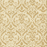 Detail of wallpaper in a botanical damask print in tan on a cream field.