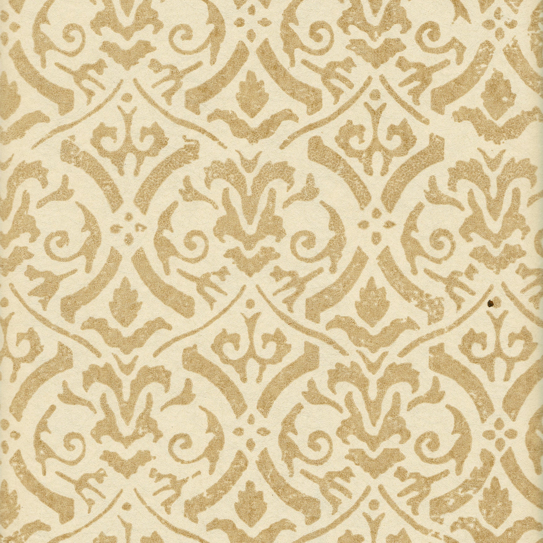 Detail of wallpaper in a botanical damask print in tan on a cream field.