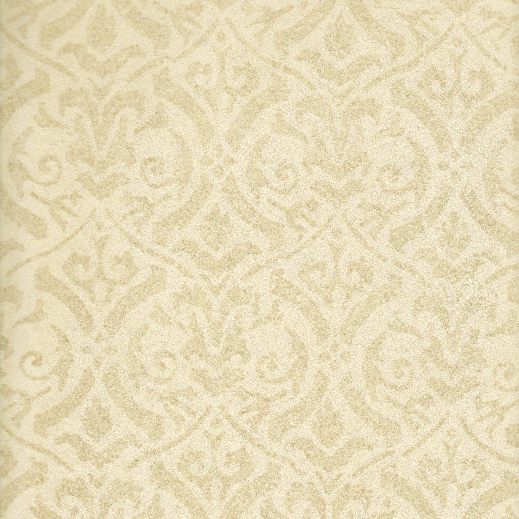 Detail of wallpaper in a botanical damask print in shades of cream.