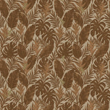 Printed wallpaper with painterly tropical leaves in shades of brown adorned with small green lizards. 