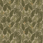 Detail of printed wallpaper in a tropical palm frond pattern in muted olive greens scattered with small tan lizards. 